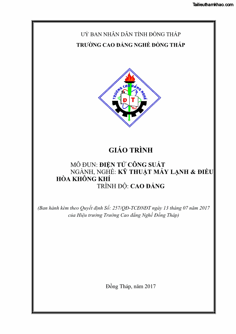 Giáo trình Điện tử công suất Nghề Kỹ thuật máy lạnh và điều hòa không khí - Cao đẳng - Trường Cao đẳng nghề Đồng Tháp - 1 Trang 1