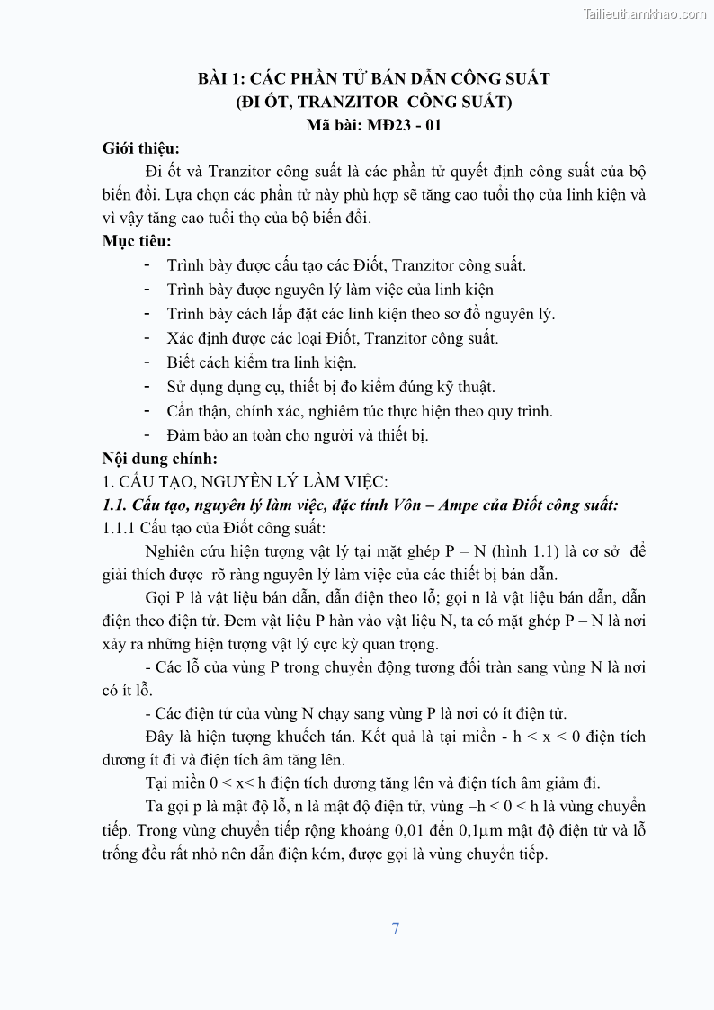 Giáo trình Điện tử công suất Nghề Kỹ thuật máy lạnh và điều hòa không khí - Cao đẳng - Trường Cao đẳng nghề Đồng Tháp - 1 Trang 9