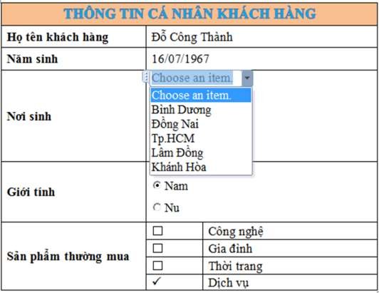 Control Giới tính RadioButton thuộc nhóm Phai Sản phẩm thường mua Check Box Control 6