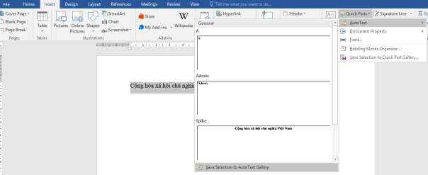 Hình 1 7 Tạo AutoText Điền tên ngắn gọn cho AutoText là Vietnam trong mục Name 6