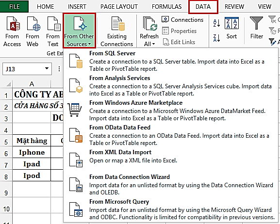 2 2 6 Phân tích dữ liệu Hình 2 54 – liên kết từ các nguồn khác Pivot Table Là 1