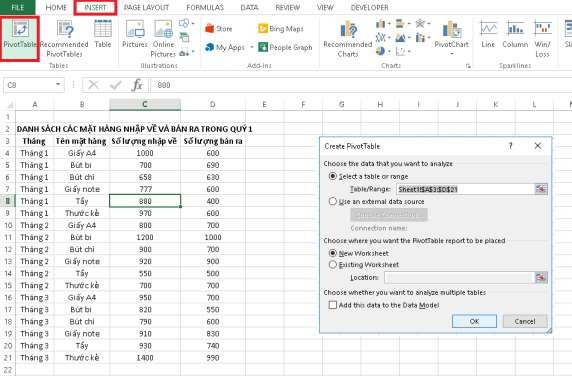 Hình 2 57 Tạo Pivot Table theo cách thủ công New sheet Đặt trong sheet mới 4