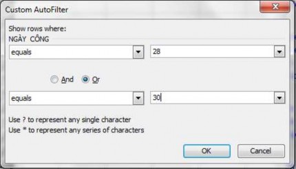 Hình 2 67 Hộp thoại lọc điều kiện theo ví dụ 4 Chọn các toán tử so sánh và 1