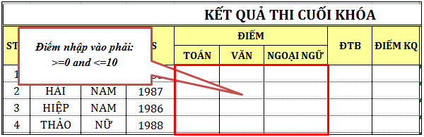Hình 2 73 – mẫu kiểm tra dữ liệu Để thiết lập việc nhập liệu theo điều 6