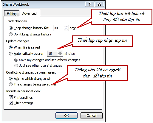 Hình 2 85 – Hộp thoại Share Workbook Tab Advanced cho phép thiết lập một số 11