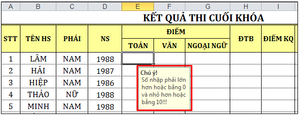 Hình 2 79 – kết quả hiển thị lập điều kiện Error Alert Khi ô đã được 3