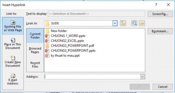 Hình 3 49 – Hộp thoại Insert Hyperlink Existing File or Web Page Liên kết đến file 4