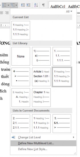 Hình 1 41 – Tạo chỉ mục cho chương Màn hình Define new Multilevel list hiển 10