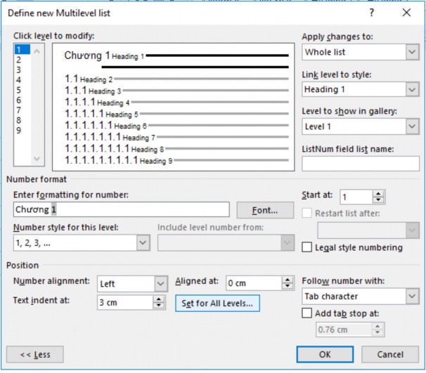 Hình 1 43 – Chọn các định dạng cho chỉ mục Mục Link level to style Gán đúng 1