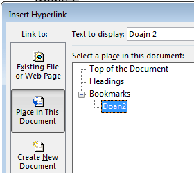 Hình 1 52 – Ví dụ tạo Hyperlink Vào Place in This Document trong nút Bookmarks chọn 13