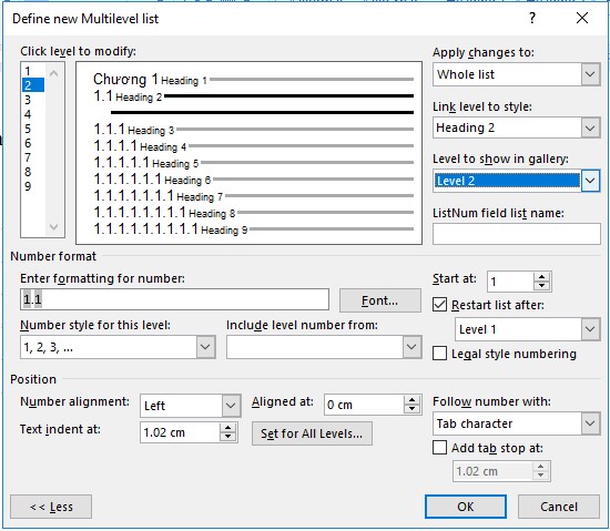 Hình 1 44 – Tạo chỉ mục mức 2 Tương tự ta tạo chỉ số mức 3 là Heading 3 2