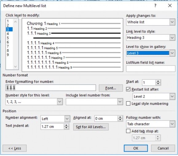 Hình 1 45 – Tạo chỉ mục mức 3 Cuối cùng gán các Style vào các chương trong 3