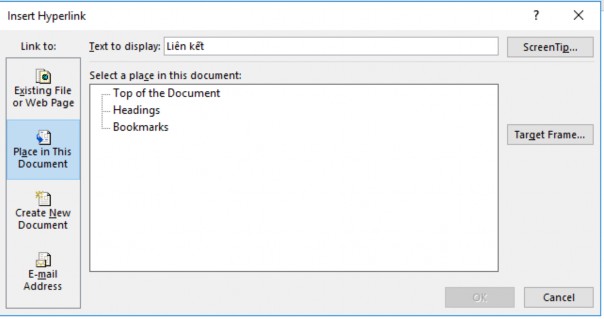 Hình 1 54 – Tạo liên kết trong tài liệu Top of the Document đặt liên kết 2