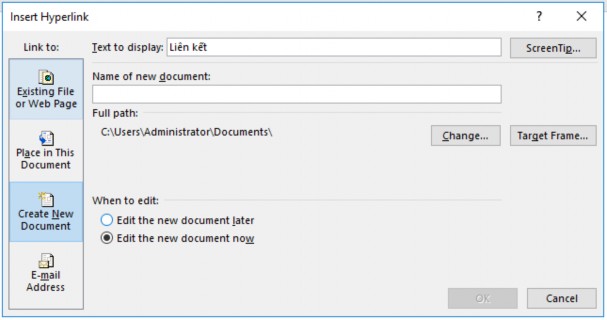 Hình 1 55 – Tạo liên kết trong file mới Name of new document Tên cho file mới 3