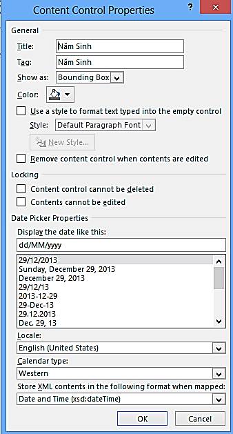 Hình 1 64 – Cửa sổ Properties của năm sinh Mục giới tính Tại một thời 2