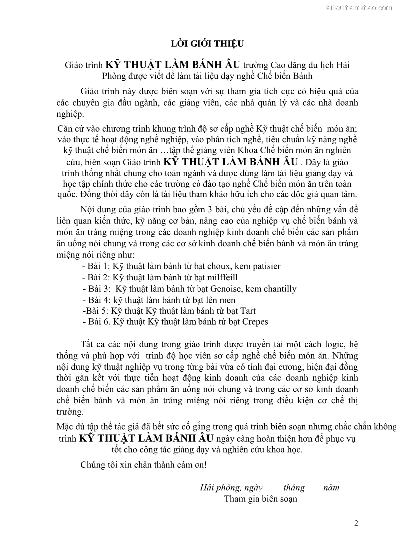 Giáo trình Kỹ thuật làm bánh Âu Nghề Kỹ thuật chế biến bánh - Trung cấp - Trường CĐ Du lịch và dịch vụ Hải Phòng - 1 Trang 3