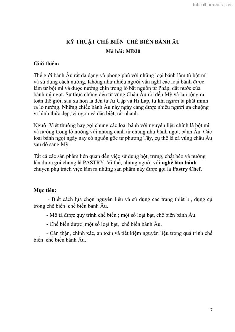 Giáo trình Kỹ thuật làm bánh Âu Nghề Kỹ thuật chế biến bánh - Trung cấp - Trường CĐ Du lịch và dịch vụ Hải Phòng - 1 Trang 8
