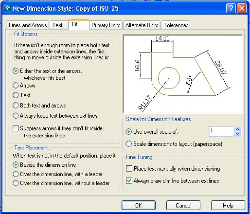 Fit option Khi không đủ chỗ đặt cả chữ số và mũi tên bên trong đường gióng 1