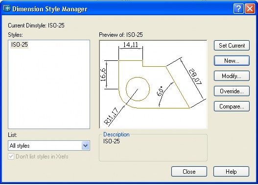 Các lựa chọn Style Danh sách các kiểu kích thước có trong bản vẽ hiện hành 4