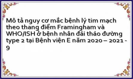 Mô tả nguy cơ mắc bệnh lý tim mạch theo thang điểm Framingham và WHO/ISH ở bệnh nhân đái tháo đường type 2 tại Bệnh viện E năm 2020 – 2021 - 9